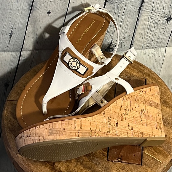 Tommy Hilfiger Cork Wedge Platform Ankle Strap Sandals White - Picture 2 of 4